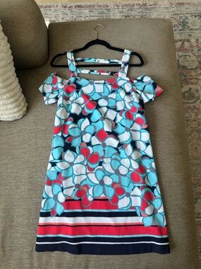 Floral Cold-Shoulder Dress in Aqua and Coral